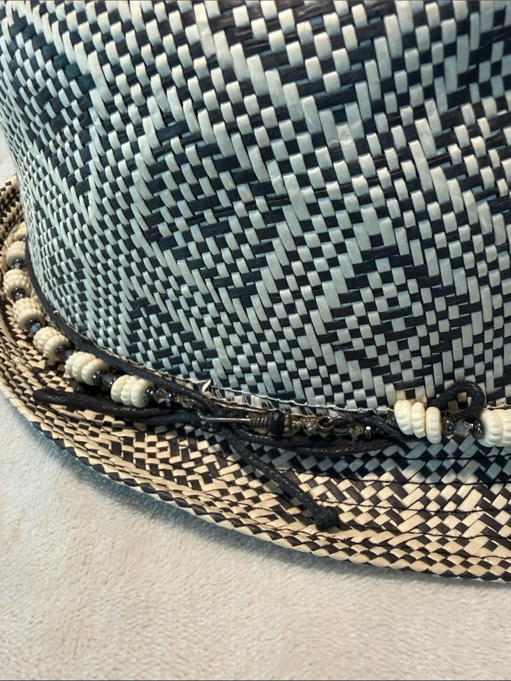 Unisex Black & White Woven Fedora with Beaded Band